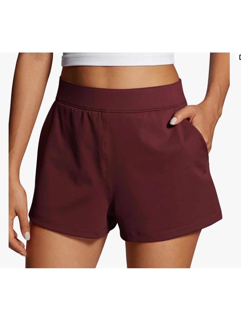 Crz Yoga High Waisted Women's Athletic Shorts with Pockets - Red Merlot - Size L